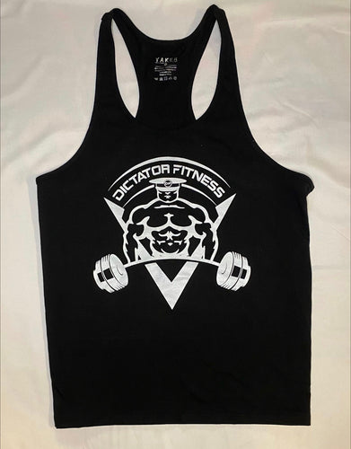 Dictator Fitness Racerback Black w/ White Body Builder Logos