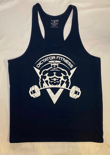 Dictator Fitness Racerback Navy Blue w/ White Body Builder Logos